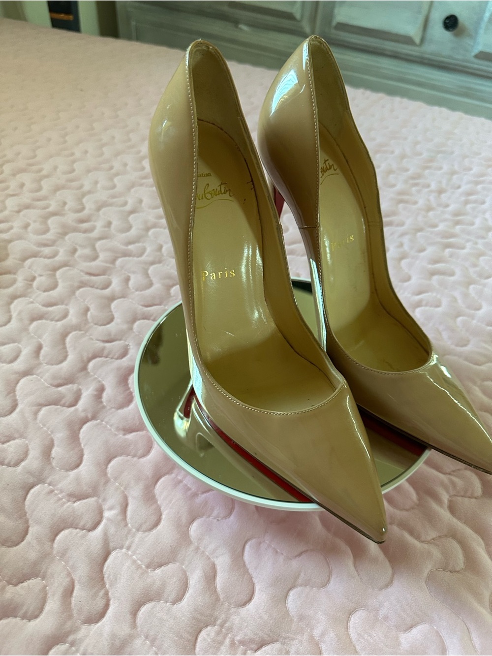Christian Louboutin Nude Patent Pointed-Toe Pumps with Red Soles